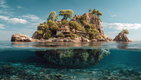 This image showcases a small, rocky island covered in vibrant green vegetation. A building is nestled among the trees. The composition features the island above and below the water line, with the underwater section revealing the submerged portion of the island and the aquatic life. Ideal for travel, nature, and environmental themes.の素材