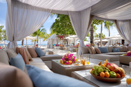 An inviting outdoor seating area features comfortable sofas, soft pillows, and sheer curtains. Tables are adorned with fruit, flowers, and beverages, while sunlight streams in. The composition suggests a relaxed atmosphere, possibly for leisure or social gatherings, suitable for editorial or commercial use.の素材