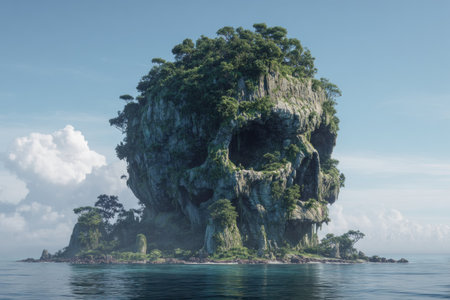 An island formation resembling a skull dominates the frame, covered in lush green trees. The detailed image showcases a rocky texture and is situated in a tranquil sea. The composition is illuminated by soft, natural light under a partly cloudy sky, ideal for use in various design projects or creative applications.の素材