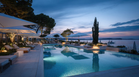A tranquil poolside scene unfolds during dusk. The water reflects ambient lighting, contrasting with the darker surrounding environment. The composition includes outdoor seating and umbrellas, suggesting leisure. This image could be used for travel, hospitality, or lifestyle promotions.の素材