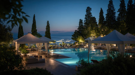 A tranquil night scene features a swimming pool surrounded by illuminated umbrellas and lush greenery. The composition showcases a clear night sky and a serene ocean backdrop. Warm lighting creates inviting ambiance. Suitable for travel, tourism, or leisure industry visuals.の素材