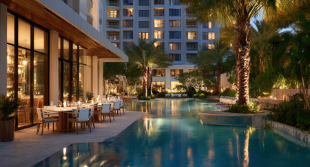 An evening scene showcases a resort pool reflecting soft lights. The composition features a building, palm trees, and an outdoor dining area. The image conveys a serene atmosphere with warm tones and highlights the architectural and landscape design. Suitable for illustrating leisure, travel, and hospitality concepts.の素材