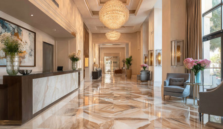 An interior view showcases a hotel lobby with polished marble flooring, and a decorative overhead light. The scene exhibits symmetrical architectural elements, with a reception desk and seating areas. The overall lighting is warm and natural, suitable for editorial or commercial purposes.の素材