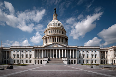 The image features a large government building with a prominent dome and columns, set against a backdrop of a blue sky dotted with clouds. The architectural style showcases symmetry, and the composition presents a wide-angle view. Suitable for various commercial and editorial applications, the image highlights structure and environment.の素材