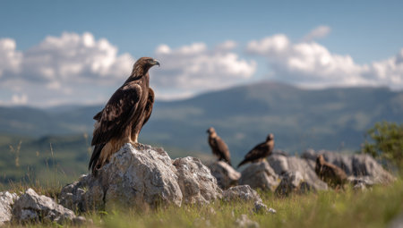 A golden eagle sits perched atop a rugged rock formation, its keen eyes scanning the vast landscape. The image displays a natural daylight setting with soft lighting, highlighting the bird's detailed feathers. Rolling hills and a vibrant blue sky with scattered clouds create a serene environment, suitable for environmental or wildlife publications.の素材