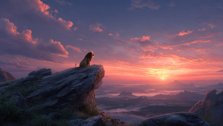 A lion sits atop a rocky peak, silhouetted against a vibrant sunset. The scene showcases a blend of pink, orange, and purple hues in the sky. The lighting creates a dramatic ambiance over a mountainous landscape. This image is suitable for various commercial and editorial applications.の素材