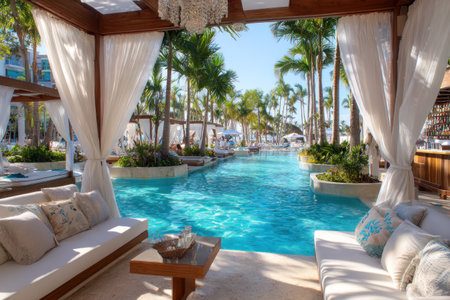 A tropical resort scene shows a turquoise pool with white cabanas and seating areas. Palm trees surround the water, and bright sunlight illuminates the scene. The composition features a wide angle, and the image can be used for commercial or editorial purposes related to leisure and hospitality.の素材
