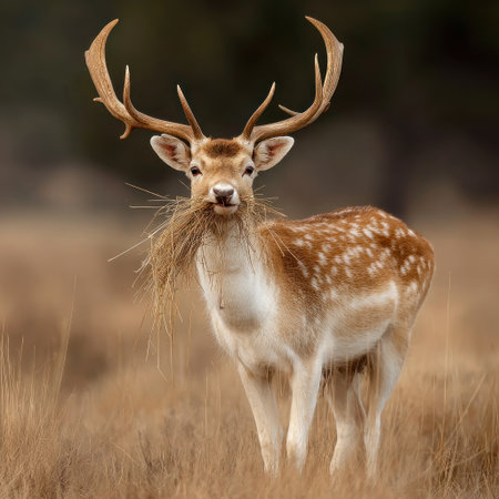 A spotted deer is captured in a natural outdoor setting. The image features a deer with prominent antlers and a mouthful of grass. The lighting is soft, highlighting the animal's fur and the surrounding environment. This photograph could be used for various commercial and editorial purposes.の素材
