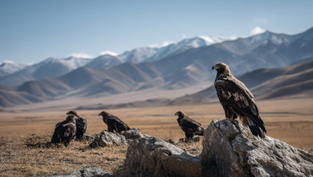 Several eagles are observed on a rocky terrain, set against a backdrop of distant mountains under a clear, blue sky. The image showcases a natural environment with varying shades of brown and green. Suitable for environmental projects, wildlife publications, and educational materials.の素材