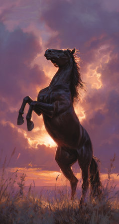 A dark horse rears up, silhouetted against a vibrant sunset. The image features a dynamic composition with strong backlighting, highlighting the animal's form. Hues of purple, orange, and gold create a dramatic atmosphere. Suitable for various commercial and editorial applications.の素材