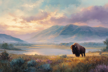A bison stands prominently in a vast, open landscape beneath a dramatic sky. The image showcases soft colors of the sunset, highlighting the textures of grass and mountains in the background. The composition conveys a sense of space and freedom, suitable for various commercial and editorial projects.の素材