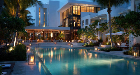 An evening view presents a swimming pool reflecting lights from nearby buildings. The composition features a resort with palm trees, creating a tranquil setting. It shows a combination of architectural and natural elements. This image could be used for travel, tourism, or lifestyle content.の素材