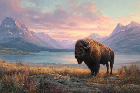 A large bison stands prominently in a natural landscape at dusk. The animal is presented with a mix of dark and light tones. The environment features mountains, a lake, and colorful sky illuminated by the setting sun. This image is suitable for illustrating various themes, including wildlife, nature, and conservation.の素材