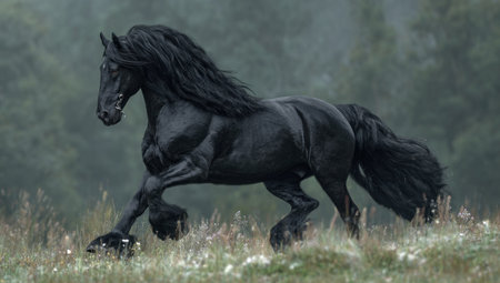 A striking black horse is captured mid-gallop, its powerful form accentuated against a blurred, neutral background. The image highlights the horse's flowing mane and tail, contrasting the dark coat with the softer textures of the field. This scene could be suitable for various editorial or promotional applications.の素材