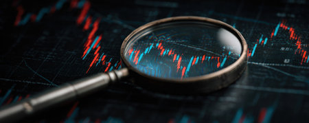 A magnifying glass is positioned over a digital graph with red and blue lines, suggesting market trends. The image presents a close-up view, utilizing a shallow depth of field to emphasize the glass and the data. The scene conveys concepts like finance, analysis, and business, potentially useful for illustrating financial reports.の素材