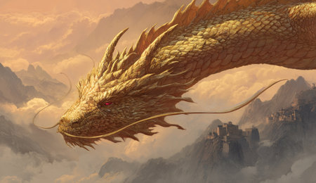 A golden dragon is depicted in flight, its head and upper body visible against a cloudy backdrop. The artwork showcases detailed scales and texture with a warm color palette. The scene evokes a sense of fantasy, potentially suitable for various creative projects including illustrative purposes.の素材