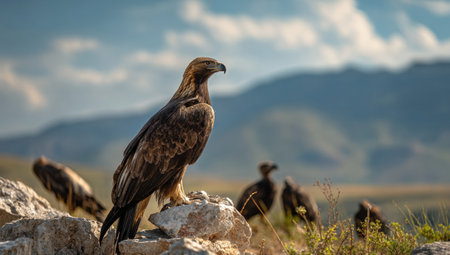 A golden eagle is perched on a rock in this outdoor composition. The bird displays brown and gold feathers under sunlight. A blurred background shows mountains and a blue sky with clouds. The image could be used for nature, wildlife, or educational purposes, as well as editorial illustrations.の素材