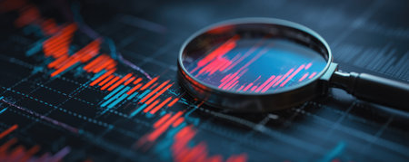 A magnifying glass is positioned over a stock chart, highlighting financial data analysis. The image features a macro view with red and blue lines on a dark background. This visual style suggests a business or financial setting, suitable for presentations or illustrations related to market trends.の素材