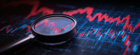 A magnifying glass is positioned over a data chart, showcasing financial information with red and blue lines against a dark background. The composition uses a close-up perspective with selective focus and soft lighting. This visual could be used for illustrating business, market research, or investment concepts.の素材