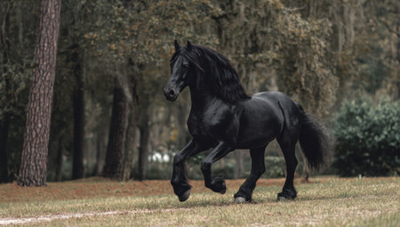 A black horse with flowing mane and tail is captured in motion, running through a forest. The scene features muted colors with focus on the animal. The composition is framed by trees and foliage, suggesting a natural outdoor environment. This image could be used for various commercial projects.の素材