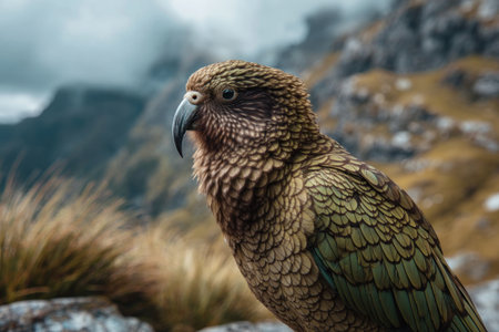 A kea parrot is captured in a side profile against a blurred mountain backdrop. The bird showcases detailed feather textures in shades of green and brown. The composition employs a shallow depth of field, suggesting a natural environment, potentially suitable for wildlife, travel, or educational projects.の素材