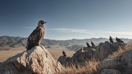 An eagle stands on a rock, with other birds of prey perched in the distance, showcasing a scenic, wide landscape. The image presents a natural composition under a blue sky with sunlight enhancing the view. Suitable for editorial content and various visual communication projects.の素材