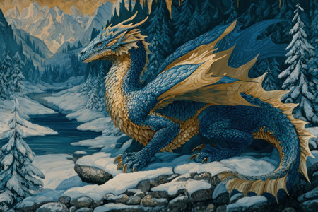 A fantastical illustration depicts a blue dragon in a snowy mountain environment. The dragon features intricate scales and golden wings, with detailed textures and a serene expression. The artwork utilizes cool color tones and soft lighting, which suggests a mythical, imaginative scene suitable for various editorial or creative applications.の素材
