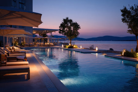 An expansive pool area features a reflective surface, surrounded by modern architecture and outdoor seating. The image displays an evening scene with subtle lighting, and a colorful sky. This photo is suitable for marketing materials, travel publications, or lifestyle content, evoking a sense of relaxation and escape.の素材