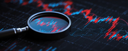 A magnifying glass is positioned over a fluctuating financial data chart, with red and blue lines. The composition emphasizes a close-up perspective, suggesting analysis and scrutiny. The color palette consists primarily of dark tones, enhanced by strategic lighting. The image could be used in diverse contexts, related to finance and market research.の素材