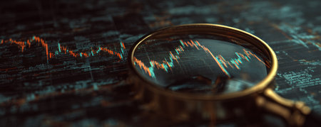 A golden magnifying glass rests over a complex data chart showcasing financial trends. The image exhibits a low-key lighting, with dark tones and blurred details. Possible uses include illustrations about finance, economics, stock market, and investment strategies. It can be used for visual content.の素材