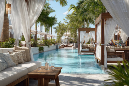 An outdoor scene depicts a luxurious pool area featuring cabanas draped with white curtains. The composition includes a rectangular pool reflecting the blue sky and surrounding greenery. Soft sunlight bathes the scene, highlighting the textures of the wood and fabric. This image is suitable for a variety of commercial and editorial applications.の素材
