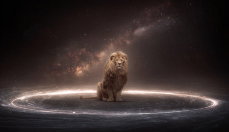A regal lion sits within a glowing circular structure, its form illuminated against a backdrop of a dark, star-filled sky. The image employs a cinematic style with dramatic lighting and rich textures. This visual composition could be suitable for fantasy art, educational materials, or promotional content.の素材