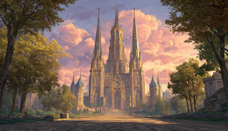A grand castle dominates the scene, featuring multiple spires against a colorful sunset. Trees frame the composition, creating a path leading towards the castle. The artwork displays detailed architectural elements, textures, and soft lighting. This image is suitable for various commercial and editorial purposes.の素材