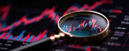 A magnifying glass sits atop a financial data chart, highlighting market trends. The composition features red and blue lines on a dark background. This image could be used for business, finance, or investment articles. The lighting suggests an indoor setting with focus on information.の素材