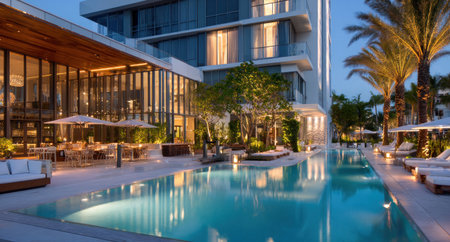A wide shot showcases a luxurious hotel pool area at dusk. The scene presents a modern architectural design with palm trees adding a tropical flair. The composition includes a pool with clear water, lounge chairs, and an adjacent restaurant area. Ideal for use in travel publications and lifestyle advertising.の素材