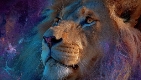 This image presents a detailed portrait of a lion, featuring a golden mane and striking eyes. The lion is set against an abstract background with vibrant shades of purple, blue, and hints of other colors. This artwork, with its dramatic lighting, could be used for editorial illustrations or design projects.の素材