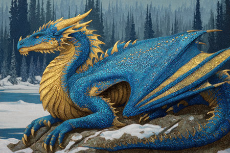 A mythical dragon with blue scales and gold accents rests on a stone. The fantasy creature is set in a snowy environment, featuring a backdrop of evergreen trees. The image is stylized with detailed textures, suitable for illustrations and imaginative projects. Its visual appeal can be used in various commercial or editorial applications.の素材