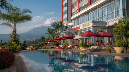 An outdoor scene shows a resort pool with red umbrellas and lounge chairs. The water reflects the sky and the building's architecture. The image features vibrant colors, highlighting a relaxing atmosphere. The scene may be suitable for promotional materials or travel-related publications.の素材