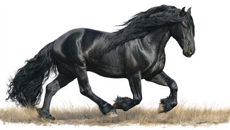 A sleek black horse runs with flowing mane and tail against a white background. The animal's muscular form is captured in motion, demonstrating its agility. The image uses bright lighting. This image could be used in advertising or editorial contexts.の素材
