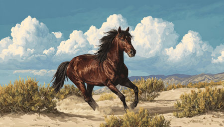 A brown horse, depicted in motion, gallops across a sandy terrain with sparse vegetation. The image showcases a detailed artistic style, employing a natural color palette under a bright, cloudy sky. This composition might be suitable for various commercial applications, including advertising or editorial illustrations, emphasizing freedom and nature.の素材