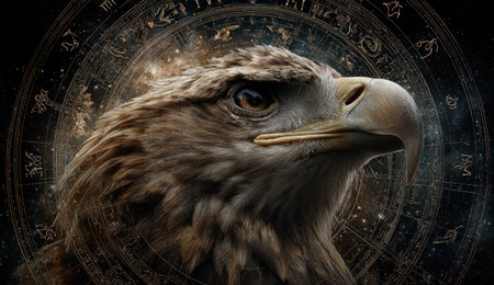 A detailed portrait of an eagle dominates the image, rendered with realistic textures and brown tones. The eagle's head is positioned against a backdrop featuring zodiac symbols and a dark background. This digital artwork combines wildlife with astrological elements, creating a fantasy setting suitable for various design uses.の素材