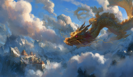 A golden dragon is depicted amidst a sea of clouds and mountain peaks. The artwork features a fantasy style with rich colors and dynamic composition. Warm tones of the dragon contrast with the cool blues and whites of the sky. This illustration could be suitable for fantasy literature, digital art, or decorative purposes.の素材