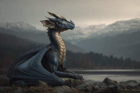 A dragon creature is perched on a rocky shoreline. It displays a detailed textured skin with a blue and gold coloration. The image shows a scenic outdoor environment. The scene can be used for fantasy or illustrative content.の素材
