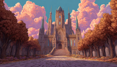 An illustrated castle dominates the composition, set against a backdrop of fluffy, colorful clouds. Warm hues of orange and pink define the environment. Trees line a stone path leading to the castle. This artwork could be used in various commercial or editorial applications.の素材