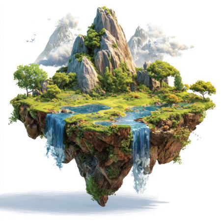 A digital illustration showcases a fantasy island with waterfalls cascading into pools of water. The island is adorned with trees, greenery, and a mountain peak against a white background. The image features a vibrant color palette and artistic rendering, suitable for various commercial and editorial applications.の素材