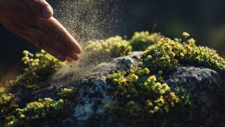 A close-up shows a hand releasing fine particles over a textured rock covered in green moss. Warm natural light illuminates the scene, highlighting the contrasting textures and colors. This image could be used for various purposes, including illustrating environmental concepts or representing growth.の素材