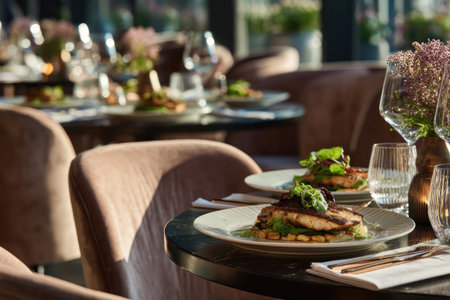 A sophisticated restaurant scene showcases a table set with food, drinks, and silverware. The composition includes plates with meals, glasses, and other items on a table, surrounded by soft-toned chairs. The lighting appears to be natural. The image could be used in advertising or editorial content.の素材