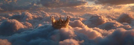 A golden crown, the main subject, is suspended in a sea of fluffy, textured clouds. The composition showcases warm hues from the setting sun, highlighting the intricate details of the crown. The sky is a mix of blues and oranges, suggesting a daytime or sunset environment. This imagery is suitable for commercial and editorial applications.の素材