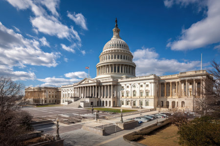 A large, classical building is featured against a vivid blue sky with scattered clouds. The architecture includes a prominent dome and numerous columns. The composition presents a balanced view with daylight enhancing the building's facade. Suitable for various commercial and editorial applications, including illustrations of political and governmental themes.の素材