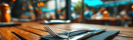 A fork and knife rest on a napkin atop a wooden table, showcasing a close-up perspective. The composition highlights the silverware with an out-of-focus backdrop suggestive of a restaurant interior. The image presents warm tones and soft lighting, potentially suitable for various editorial and commercial applications.の素材